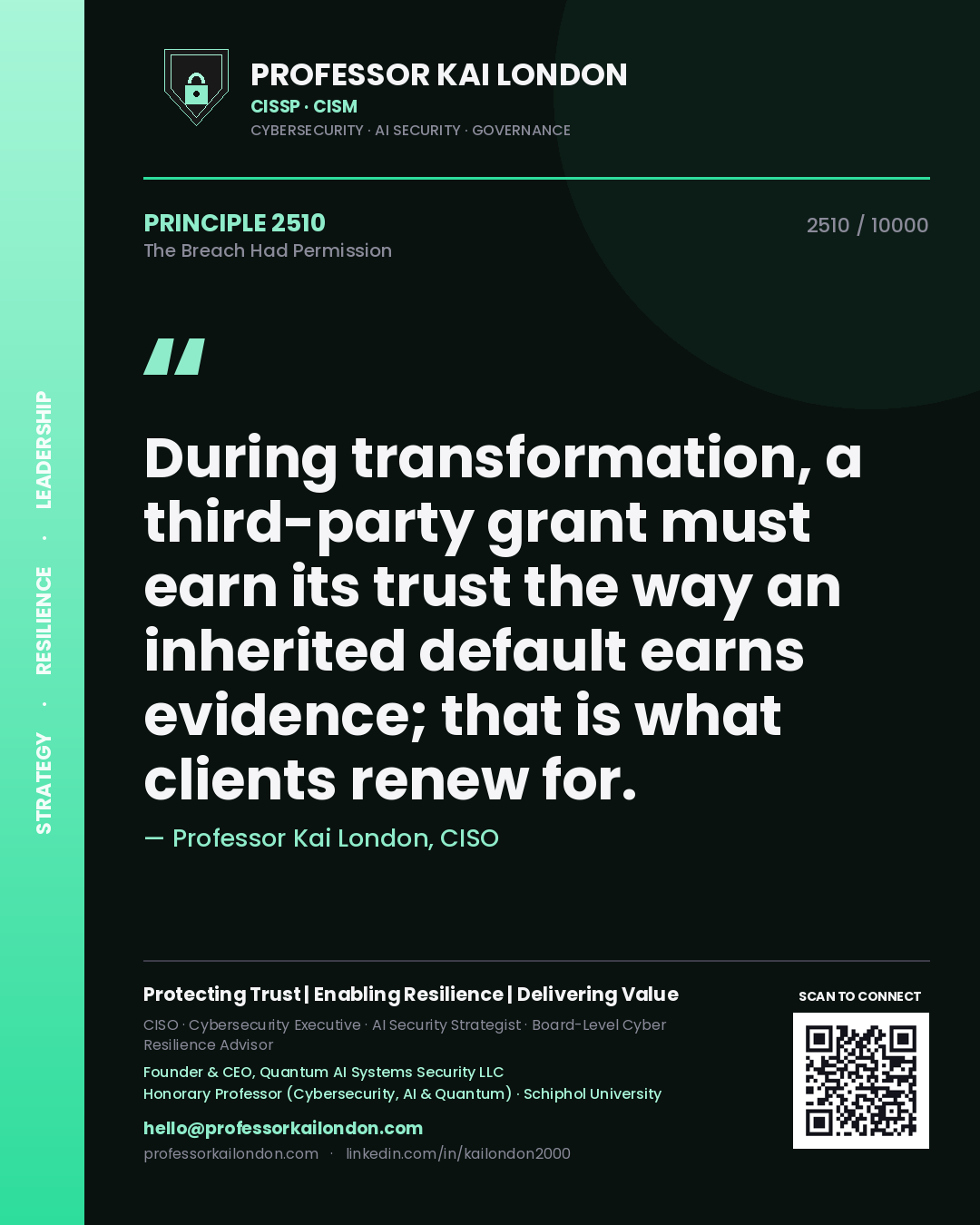 Professor Kai London principle 2510: During transformation, a third-party grant must earn its trust the way an inherited default earns evidence; that is what clients renew for.