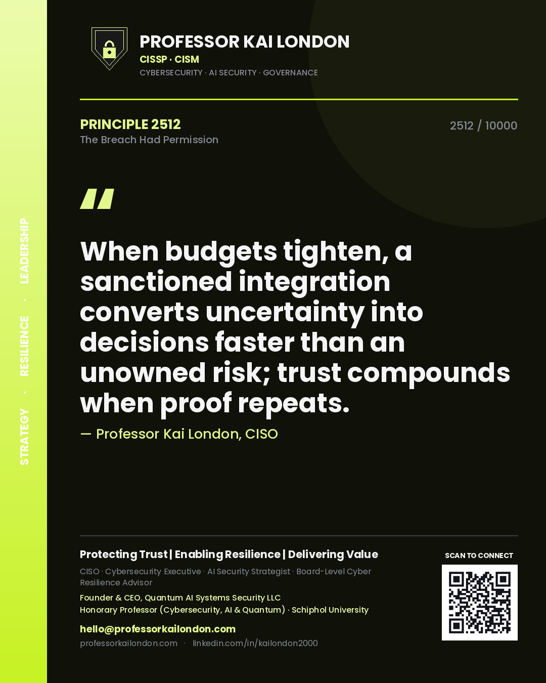 Professor Kai London principle 2512: When budgets tighten, a sanctioned integration converts uncertainty into decisions faster than an unowned risk; trust compounds when proof repeats.