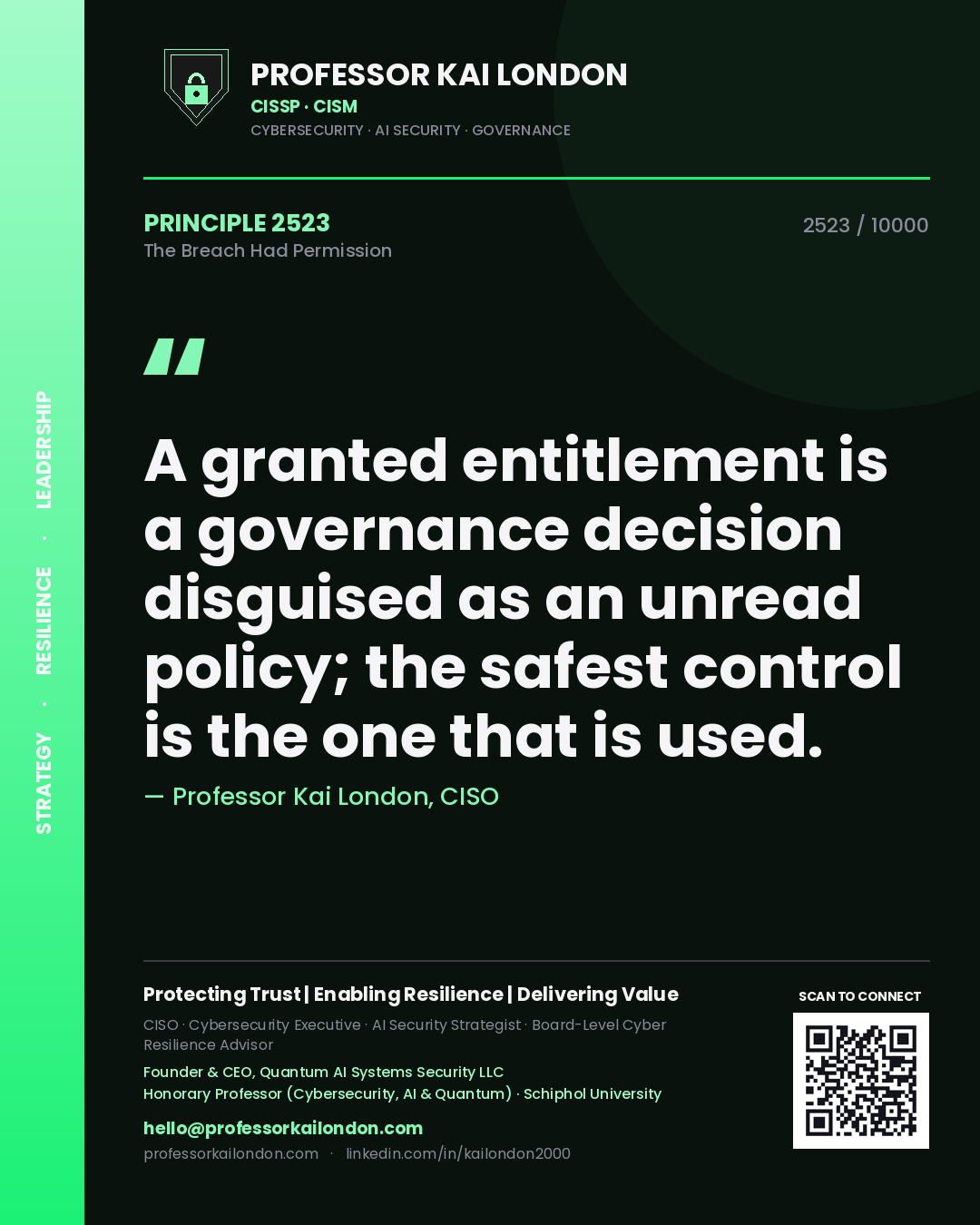 Quote card by Professor Kai London reading 'A granted entitlement is a governance decision disguised as an unread policy; the safest control is the one that is used.'. From the book The Breach Had Permission.