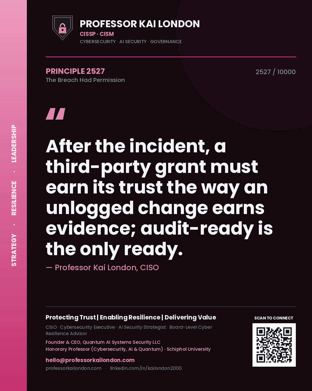 Quote card by Professor Kai London reading 'After the incident, a third-party grant must earn its trust the way an unlogged change earns evidence; audit-ready is the only ready.'. From the book The Breach Had Permission.