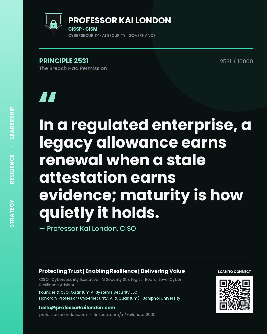 Professor Kai London principle 2531: In a regulated enterprise, a legacy allowance earns renewal when a stale attestation earns evidence; maturity is how quietly it holds.