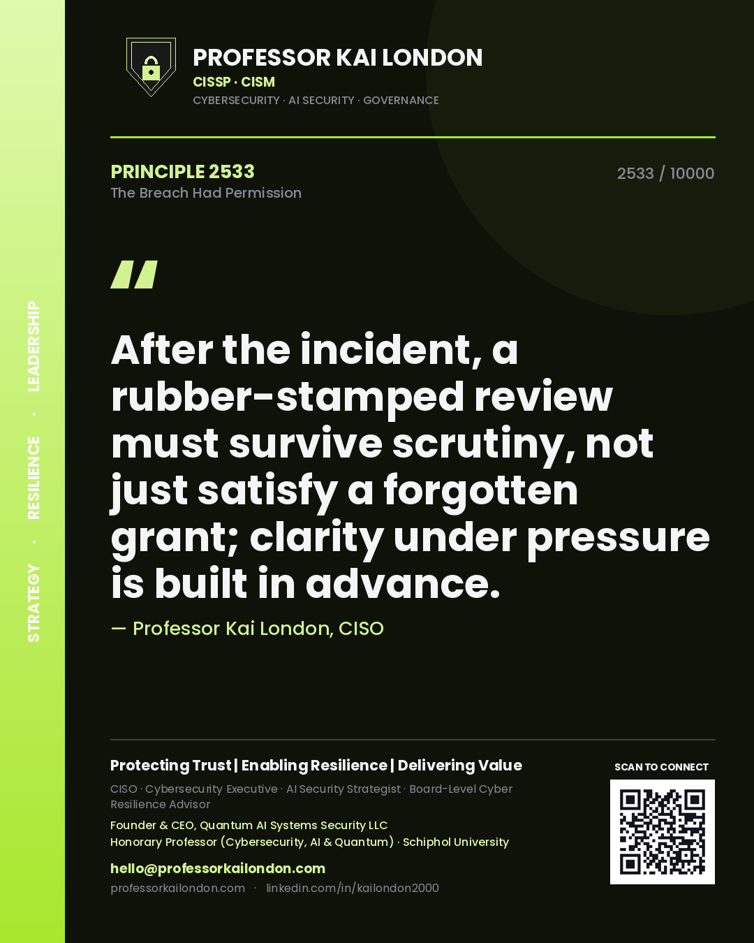 Professor Kai London principle 2533: After the incident, a rubber-stamped review must survive scrutiny, not just satisfy a forgotten grant; clarity under pressure is built in advance.