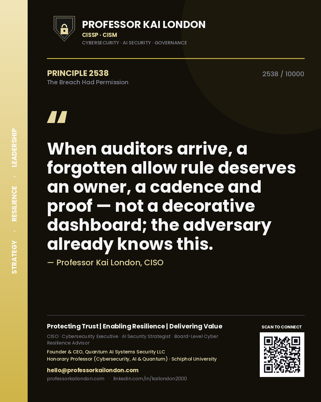 Quote card by Professor Kai London reading 'When auditors arrive, a forgotten allow rule deserves an owner, a cadence and proof — not a decorative dashboard; the adversary already knows this.'. From the book The Breach Had Permission.