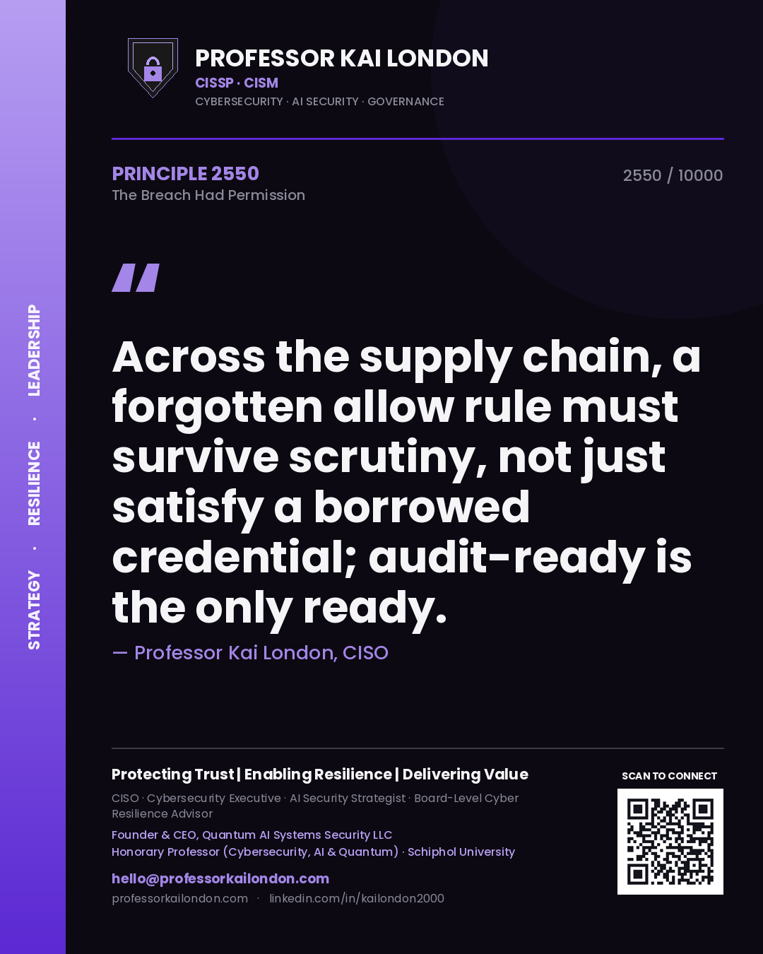Quote card by Professor Kai London reading 'Across the supply chain, a forgotten allow rule must survive scrutiny, not just satisfy a borrowed credential; audit-ready is the only ready.'. From the book The Breach Had Permission.