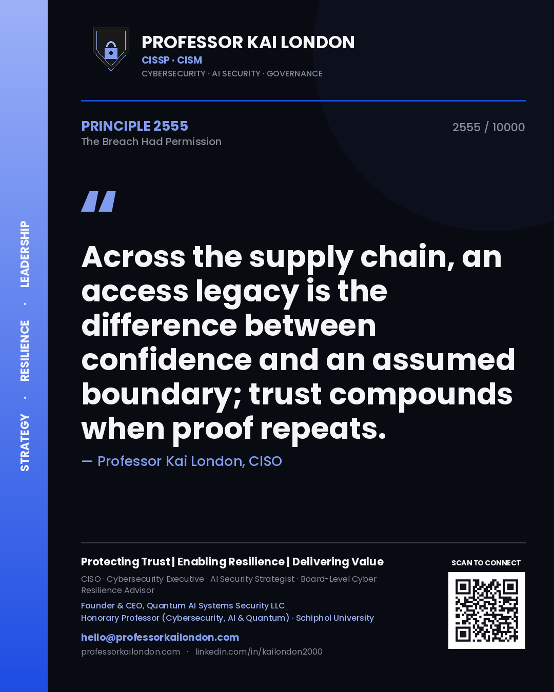 Quote card by Professor Kai London reading 'Across the supply chain, an access legacy is the difference between confidence and an assumed boundary; trust compounds when proof repeats.'. From the book The Breach Had Permission.