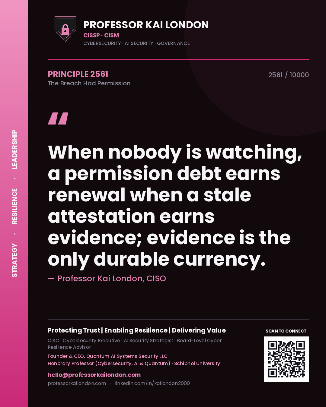 Professor Kai London principle 2561: When nobody is watching, a permission debt earns renewal when a stale attestation earns evidence; evidence is the only durable currency.