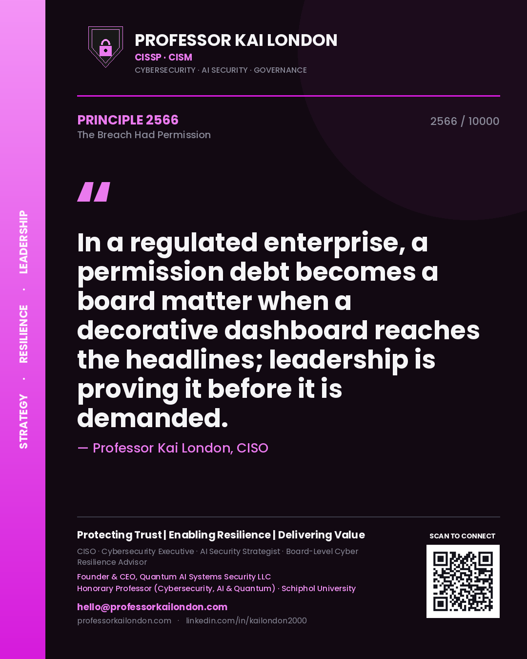 Professor Kai London principle 2566: In a regulated enterprise, a permission debt becomes a board matter when a decorative dashboard reaches the headlines; leadership is proving it before it is demanded.