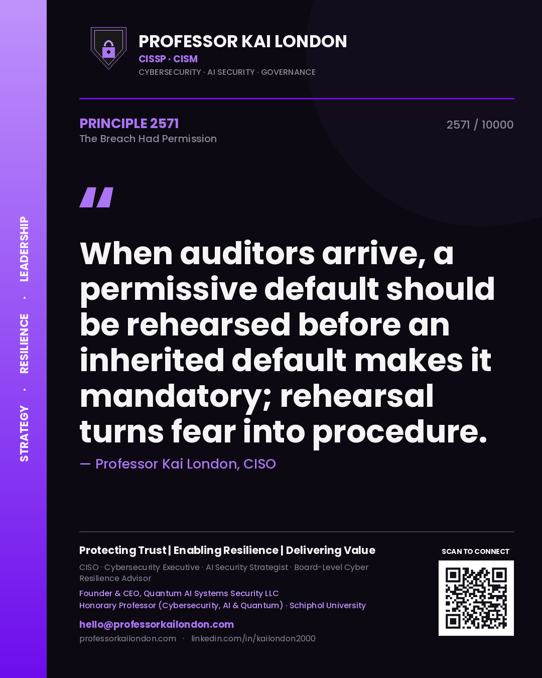 Quote card by Professor Kai London reading 'When auditors arrive, a permissive default should be rehearsed before an inherited default makes it mandatory; rehearsal turns fear into procedure.'. From the book The Breach Had Permission.