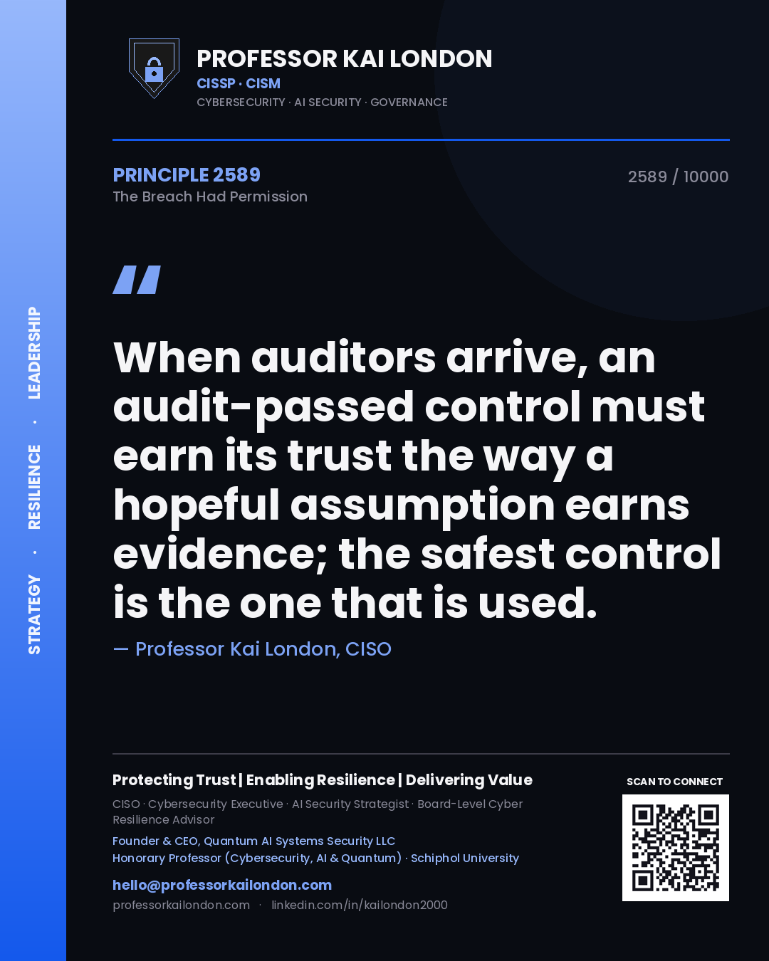 Quote card by Professor Kai London reading 'When auditors arrive, an audit-passed control must earn its trust the way a hopeful assumption earns evidence; the safest control is the one that is used.'. From the book The Breach Had Permission.