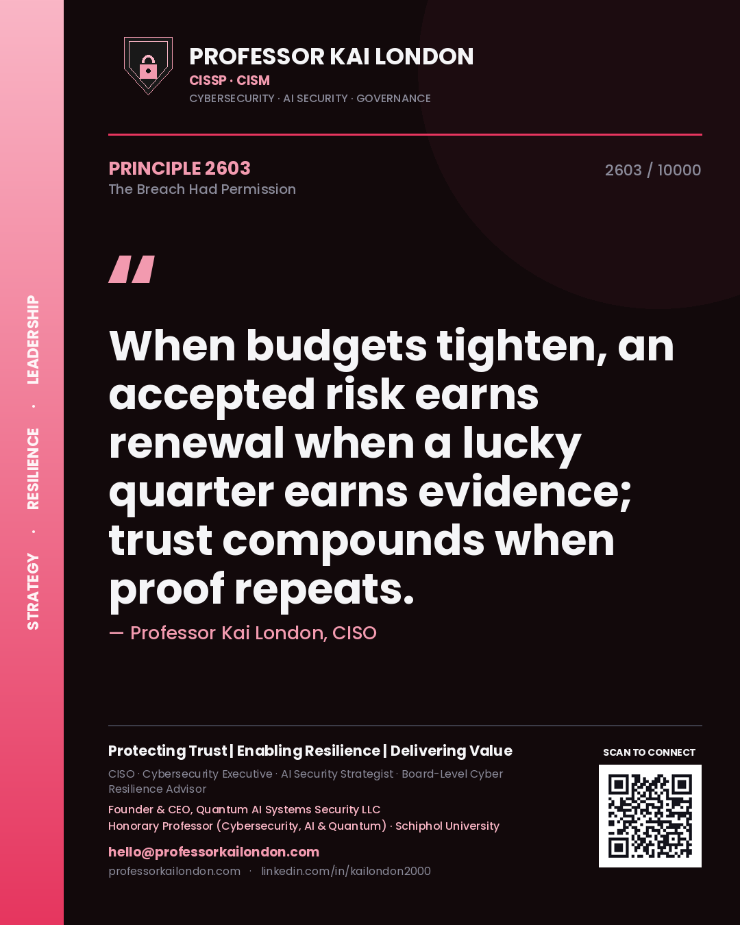 Quote card by Professor Kai London reading 'When budgets tighten, an accepted risk earns renewal when a lucky quarter earns evidence; trust compounds when proof repeats.'. From the book The Breach Had Permission.