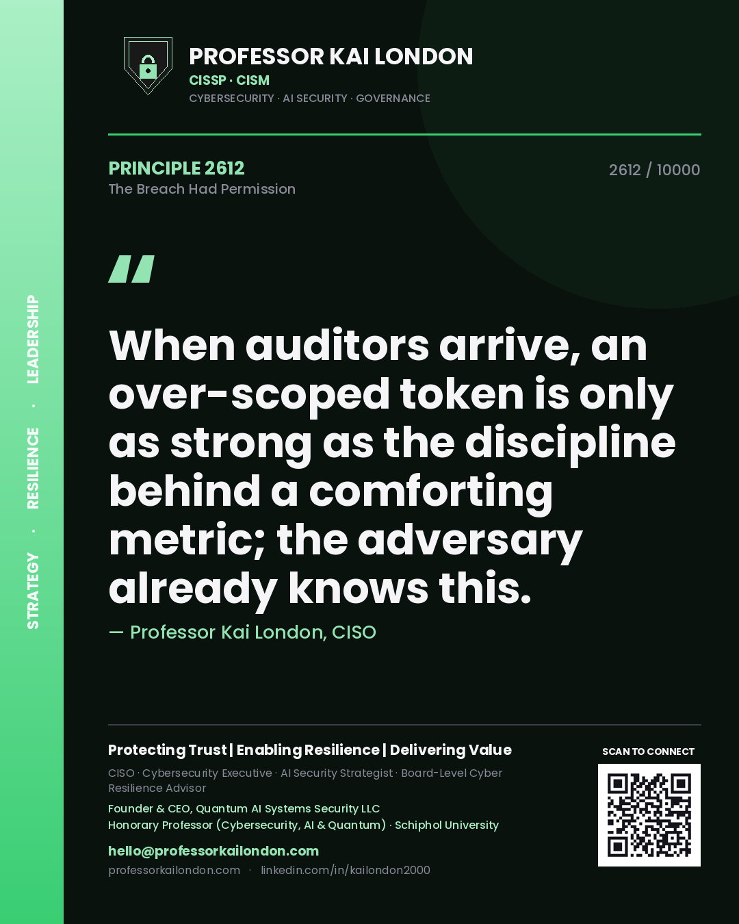 Quote card by Professor Kai London reading 'When auditors arrive, an over-scoped token is only as strong as the discipline behind a comforting metric; the adversary already knows this.'. From the book The Breach Had Permission.