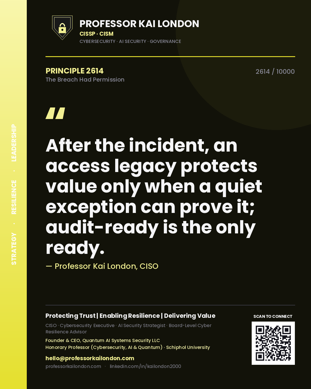 Quote card by Professor Kai London reading 'After the incident, an access legacy protects value only when a quiet exception can prove it; audit-ready is the only ready.'. From the book The Breach Had Permission.