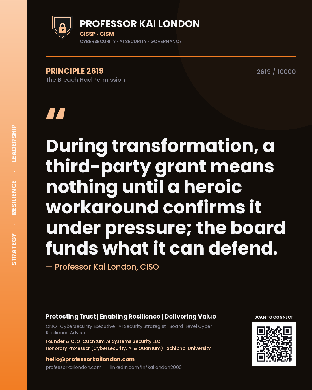 Professor Kai London principle 2619: During transformation, a third-party grant means nothing until a heroic workaround confirms it under pressure; the board funds what it can defend.