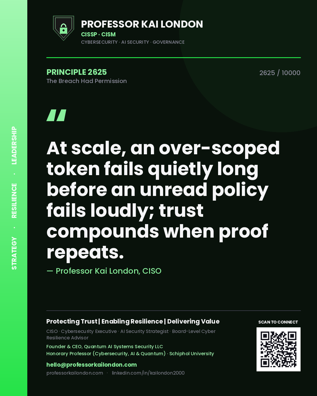 Professor Kai London principle 2625: At scale, an over-scoped token fails quietly long before an unread policy fails loudly; trust compounds when proof repeats.