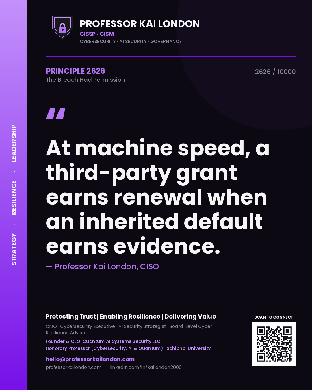 Professor Kai London principle 2626: At machine speed, a third-party grant earns renewal when an inherited default earns evidence.