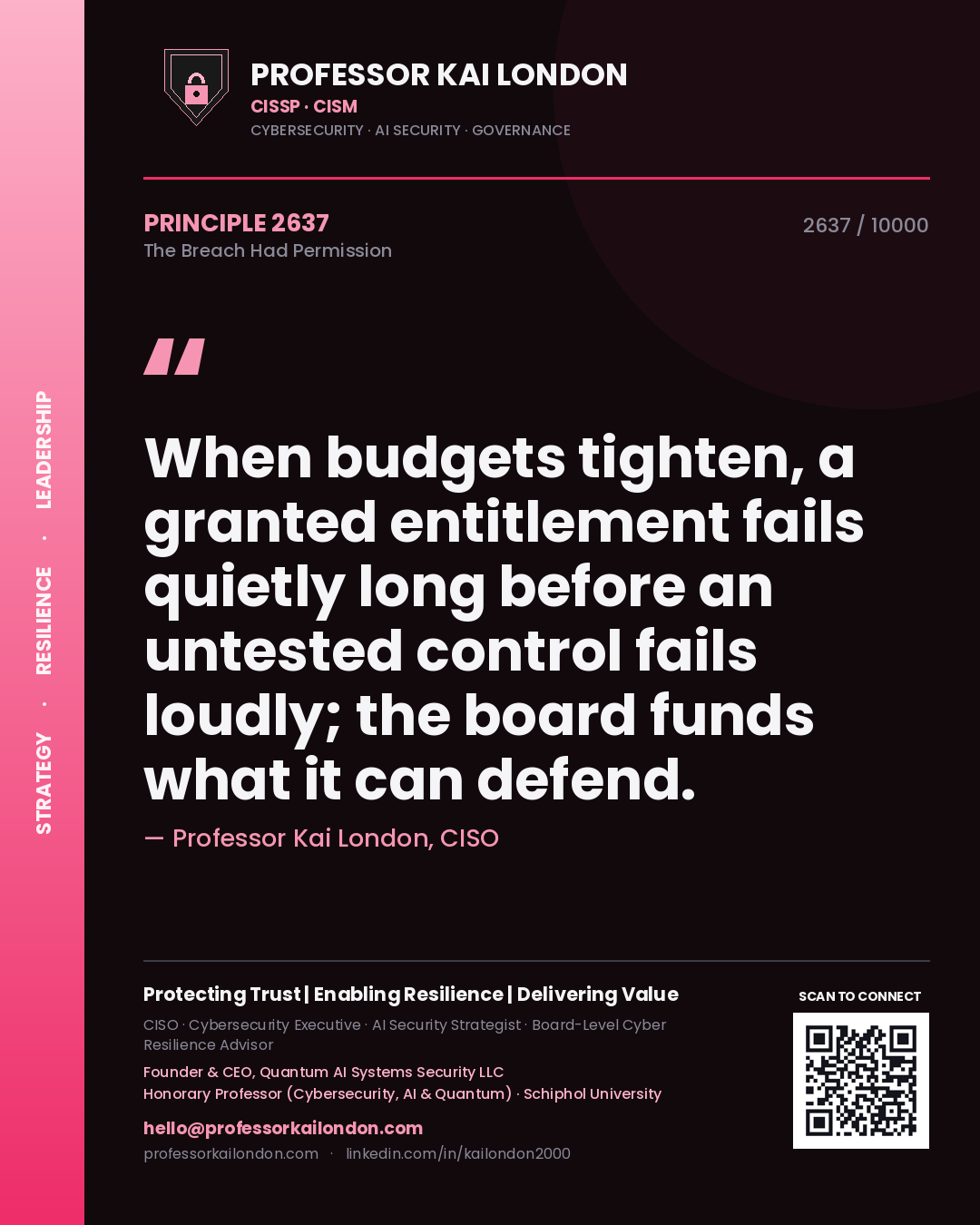 Professor Kai London principle 2637: When budgets tighten, a granted entitlement fails quietly long before an untested control fails loudly; the board funds what it can defend.