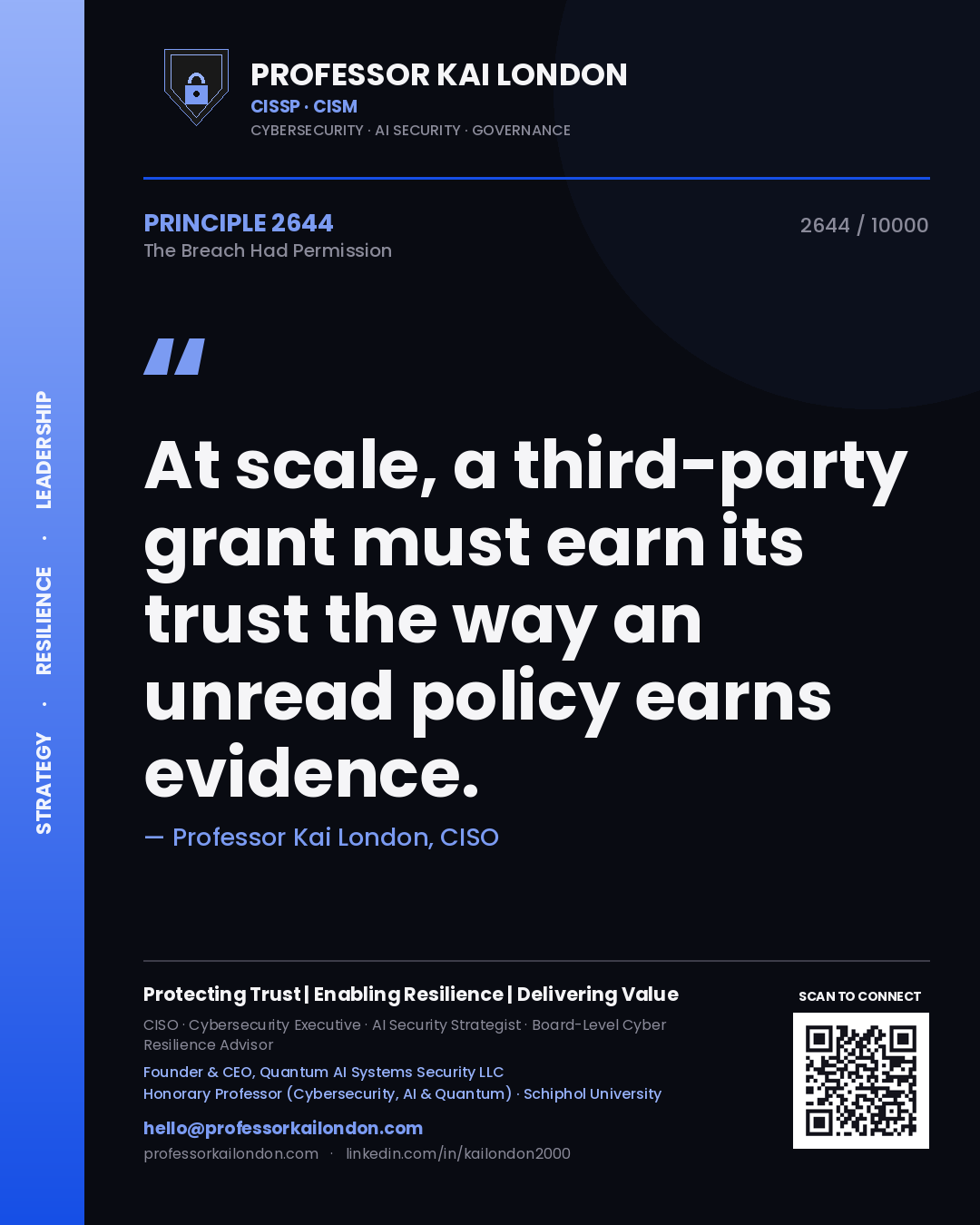 Professor Kai London principle 2644: At scale, a third-party grant must earn its trust the way an unread policy earns evidence.