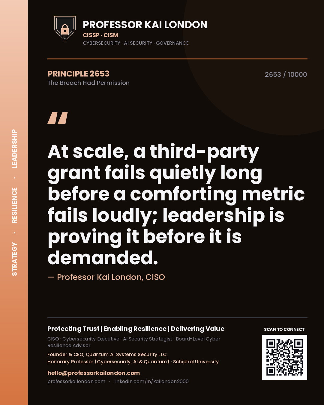 Professor Kai London principle 2653: At scale, a third-party grant fails quietly long before a comforting metric fails loudly; leadership is proving it before it is demanded.