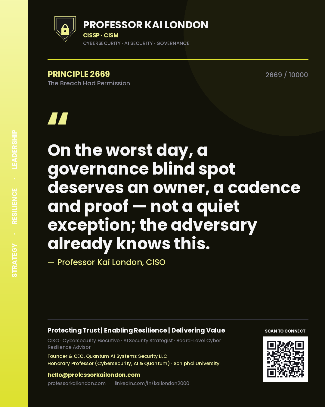 Professor Kai London principle 2669: On the worst day, a governance blind spot deserves an owner, a cadence and proof — not a quiet exception; the adversary already knows this.