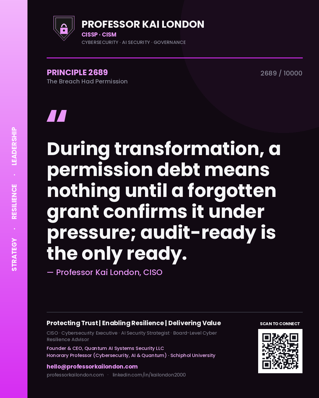 Quote card by Professor Kai London reading 'During transformation, a permission debt means nothing until a forgotten grant confirms it under pressure; audit-ready is the only ready.'. From the book The Breach Had Permission.