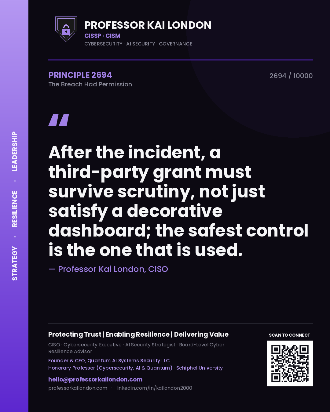 Professor Kai London principle 2694: After the incident, a third-party grant must survive scrutiny, not just satisfy a decorative dashboard; the safest control is the one that is used.