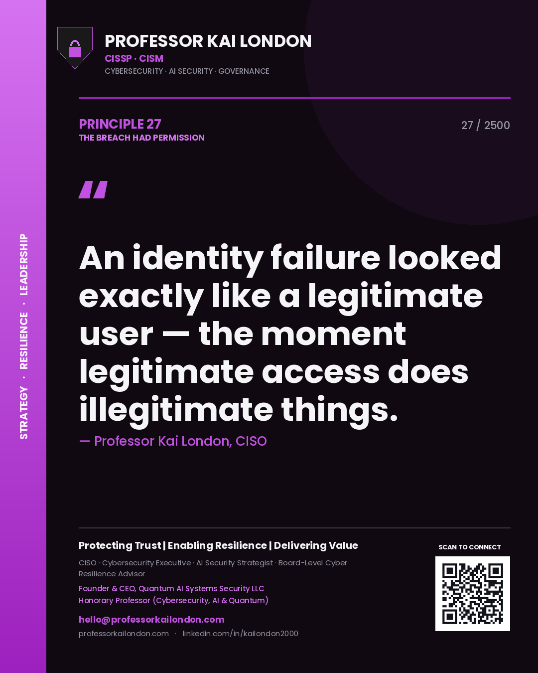 Quote card by Professor Kai London reading 'An identity failure looked exactly like a legitimate user — the moment legitimate access does illegitimate things.'. From the book The Breach Had Permission.
