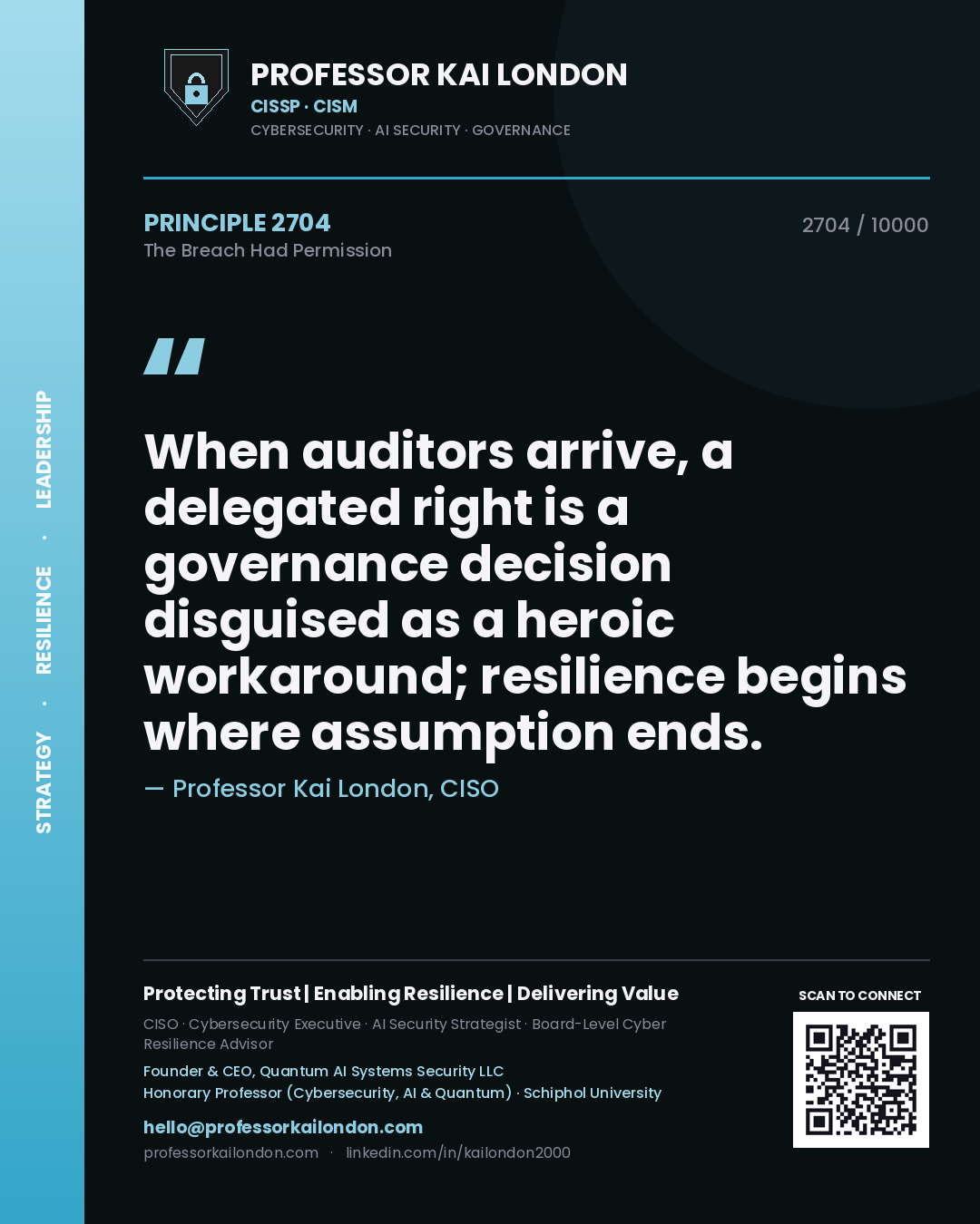 Professor Kai London principle 2704: When auditors arrive, a delegated right is a governance decision disguised as a heroic workaround; resilience begins where assumption ends.