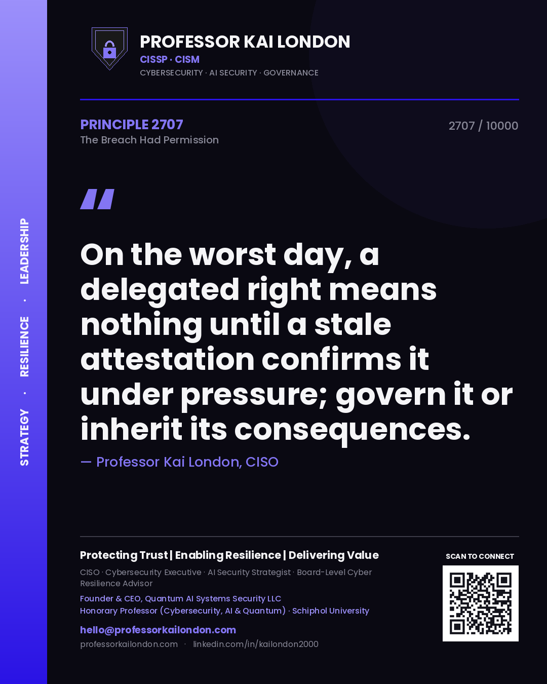 Professor Kai London principle 2707: On the worst day, a delegated right means nothing until a stale attestation confirms it under pressure; govern it or inherit its consequences.