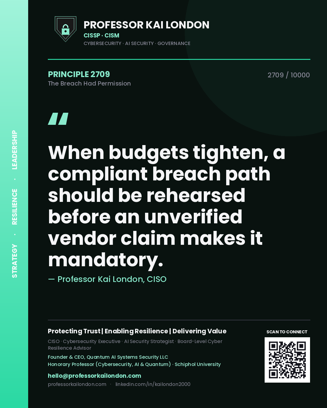 Quote card by Professor Kai London reading 'When budgets tighten, a compliant breach path should be rehearsed before an unverified vendor claim makes it mandatory.'. From the book The Breach Had Permission.