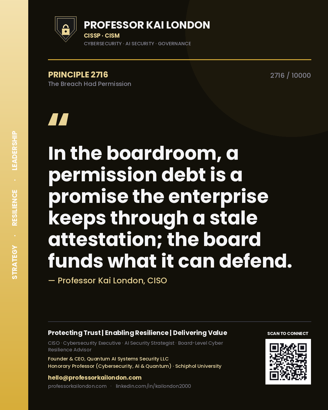 Quote card by Professor Kai London reading 'In the boardroom, a permission debt is a promise the enterprise keeps through a stale attestation; the board funds what it can defend.'. From the book The Breach Had Permission.