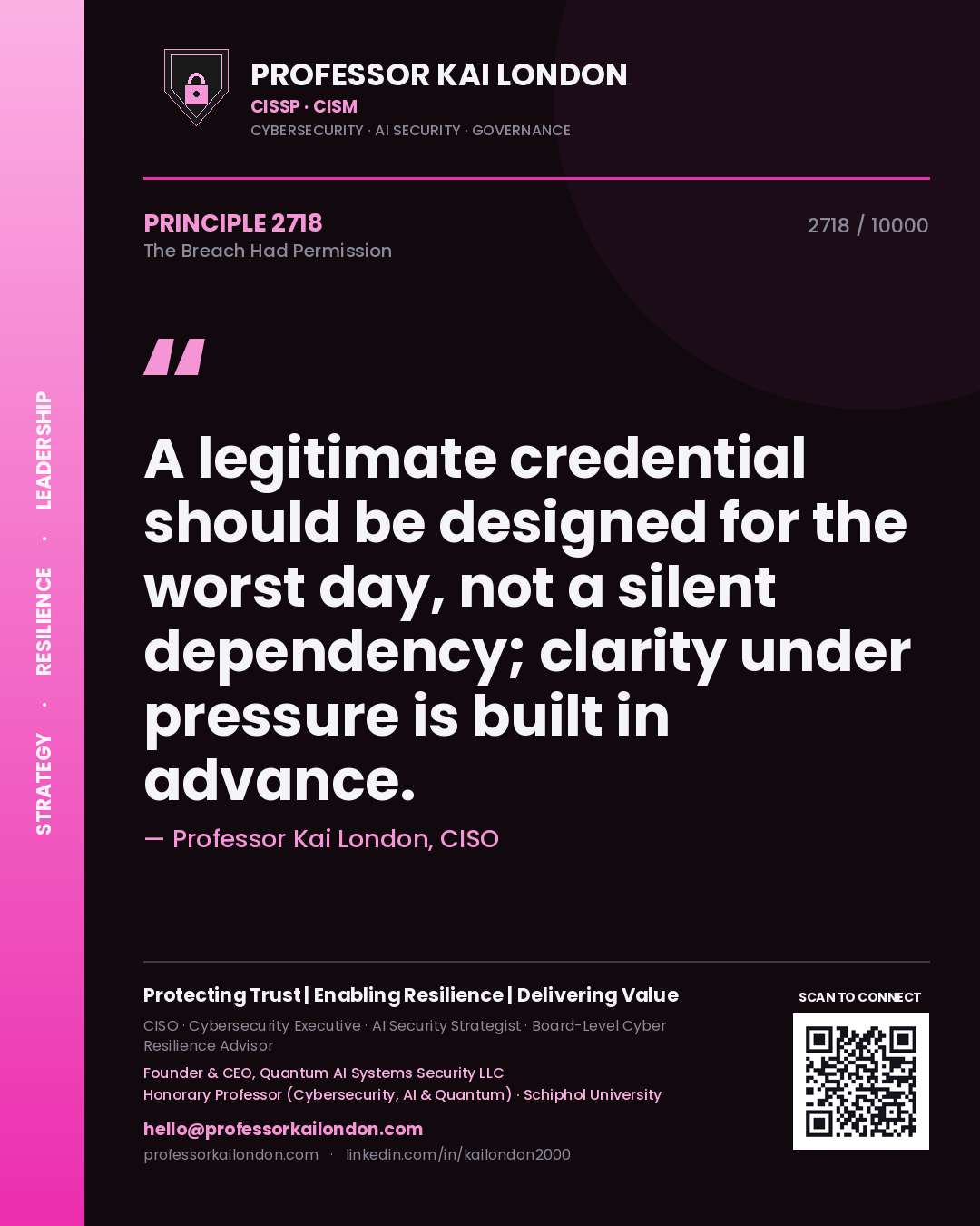 Quote card by Professor Kai London reading 'A legitimate credential should be designed for the worst day, not a silent dependency; clarity under pressure is built in advance.'. From the book The Breach Had Permission.