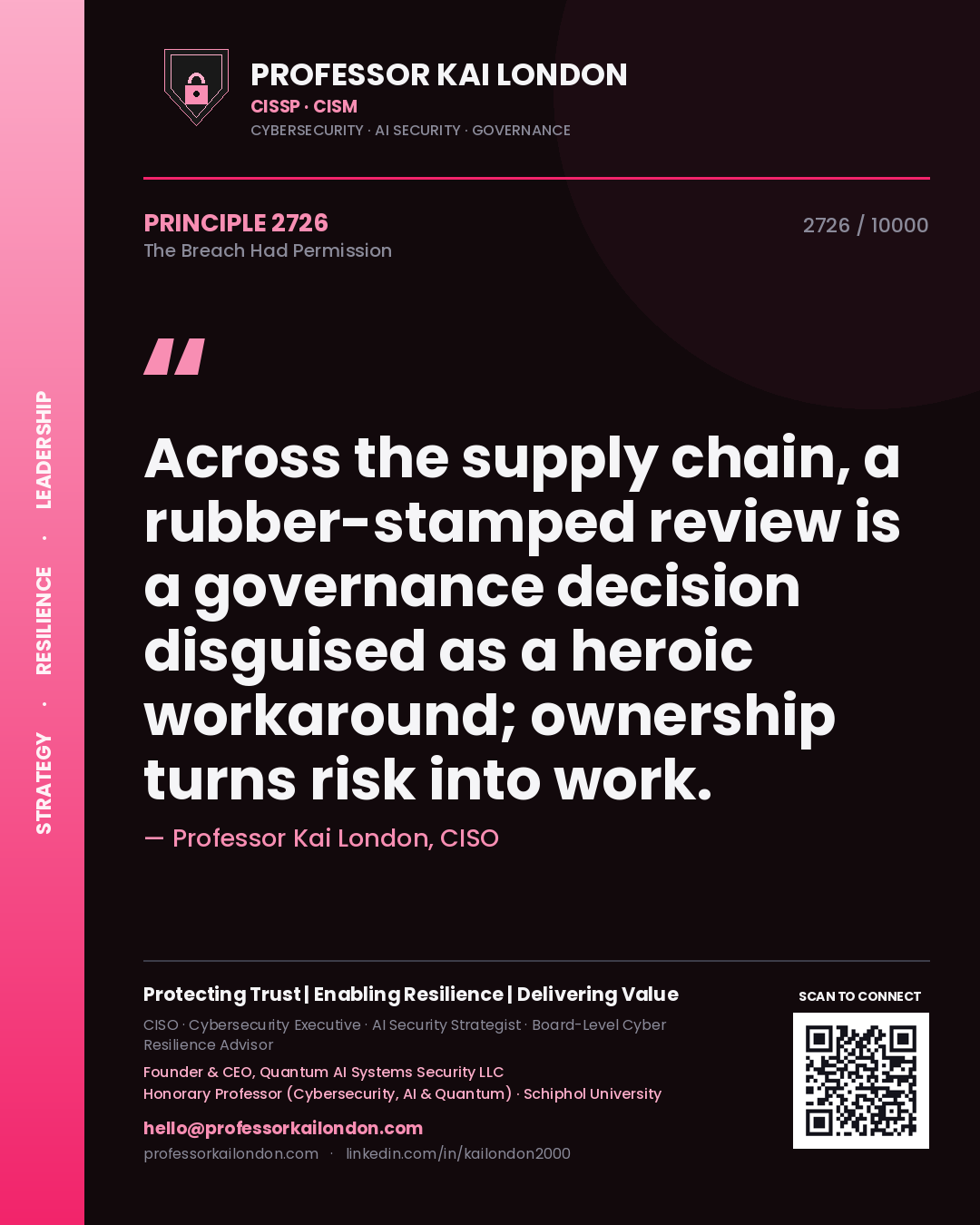 Quote card by Professor Kai London reading 'Across the supply chain, a rubber-stamped review is a governance decision disguised as a heroic workaround; ownership turns risk into work.'. From the book The Breach Had Permission.