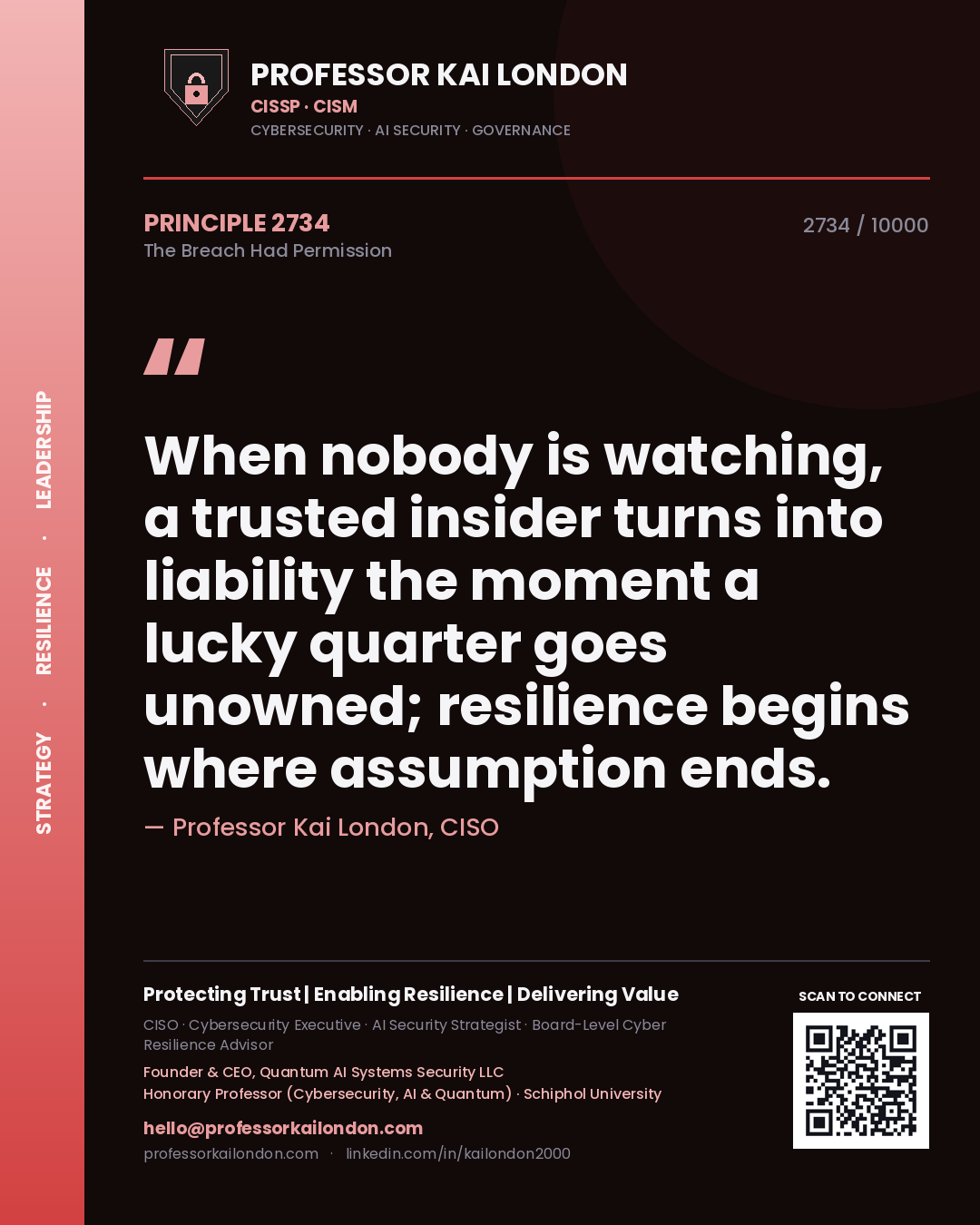 Professor Kai London principle 2734: When nobody is watching, a trusted insider turns into liability the moment a lucky quarter goes unowned; resilience begins where assumption ends.