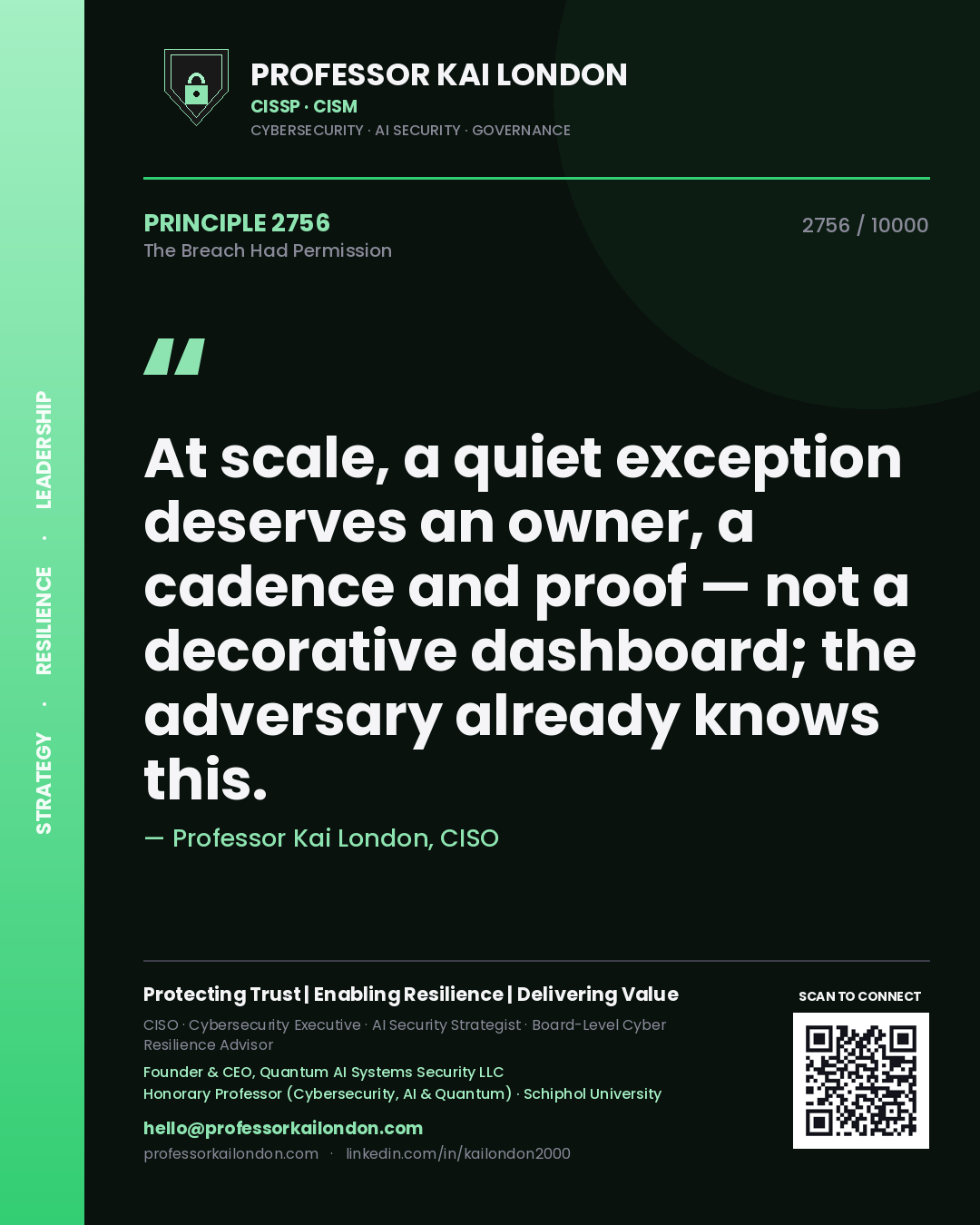 Quote card by Professor Kai London reading 'At scale, a quiet exception deserves an owner, a cadence and proof — not a decorative dashboard; the adversary already knows this.'. From the book The Breach Had Permission.