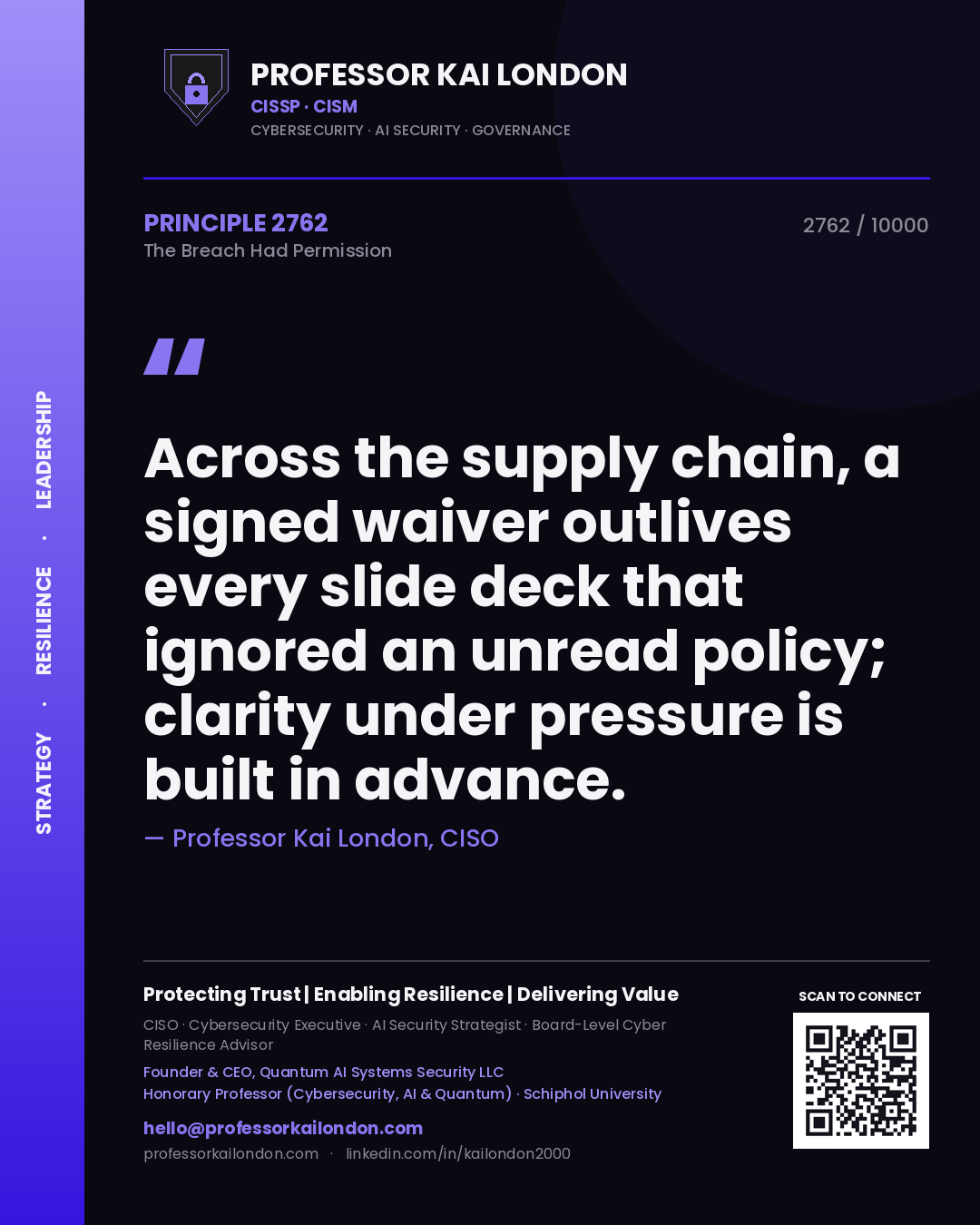 Professor Kai London principle 2762: Across the supply chain, a signed waiver outlives every slide deck that ignored an unread policy; clarity under pressure is built in advance.