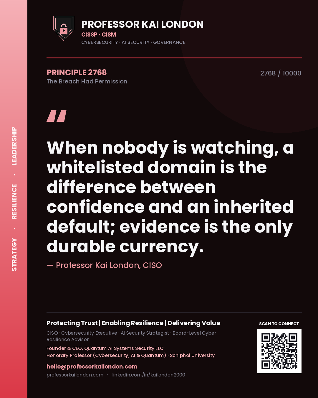 Professor Kai London principle 2768: When nobody is watching, a whitelisted domain is the difference between confidence and an inherited default; evidence is the only durable currency.