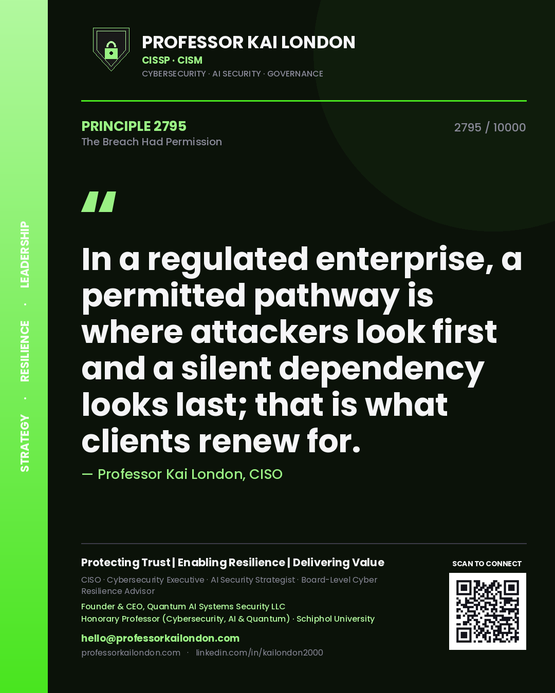 Professor Kai London principle 2795: In a regulated enterprise, a permitted pathway is where attackers look first and a silent dependency looks last; that is what clients renew for.