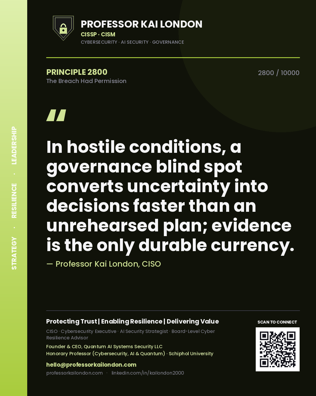 Quote card by Professor Kai London reading 'In hostile conditions, a governance blind spot converts uncertainty into decisions faster than an unrehearsed plan; evidence is the only durable currency.'. From the book The Breach Had Permission.