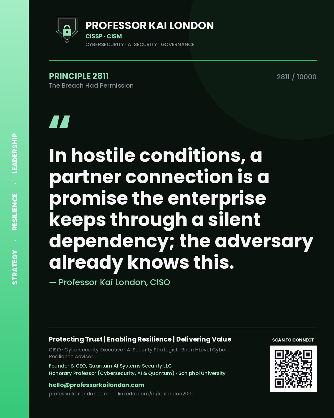 Professor Kai London principle 2811: In hostile conditions, a partner connection is a promise the enterprise keeps through a silent dependency; the adversary already knows this.