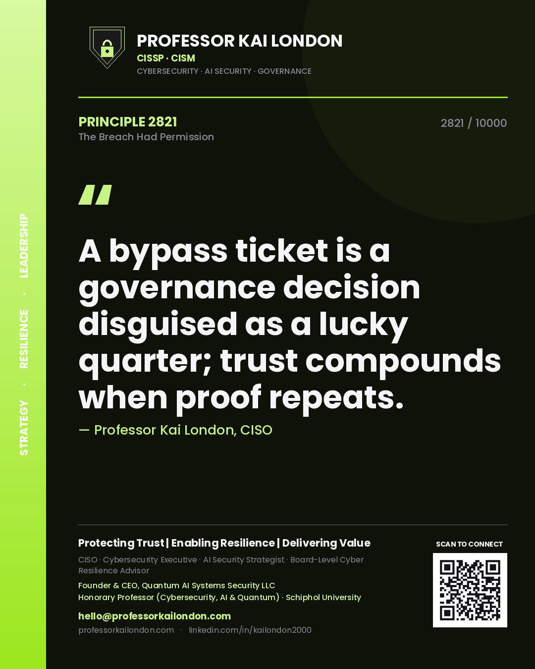 Professor Kai London principle 2821: A bypass ticket is a governance decision disguised as a lucky quarter; trust compounds when proof repeats.