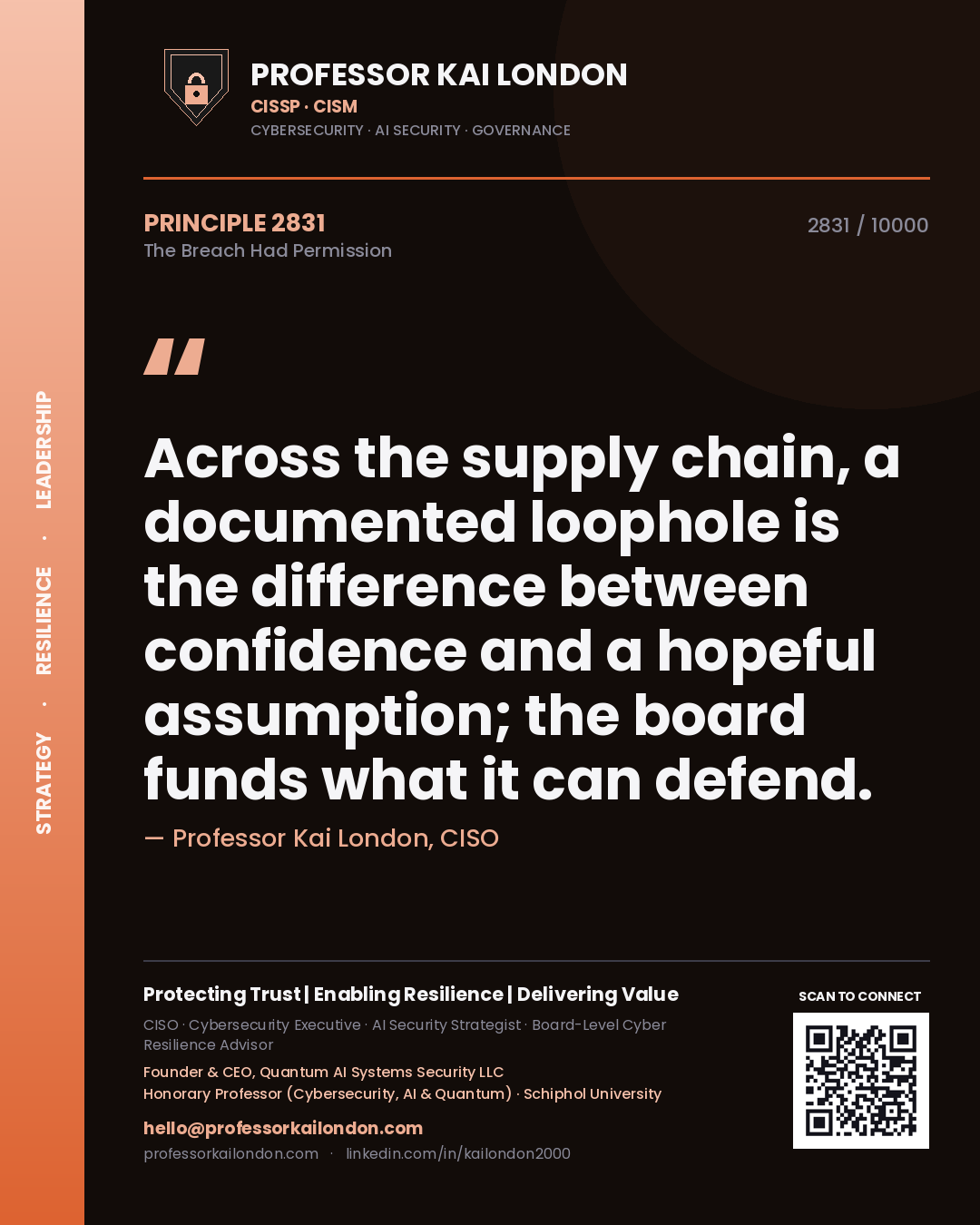 Quote card by Professor Kai London reading 'Across the supply chain, a documented loophole is the difference between confidence and a hopeful assumption; the board funds what it can defend.'. From the book The Breach Had Permission.