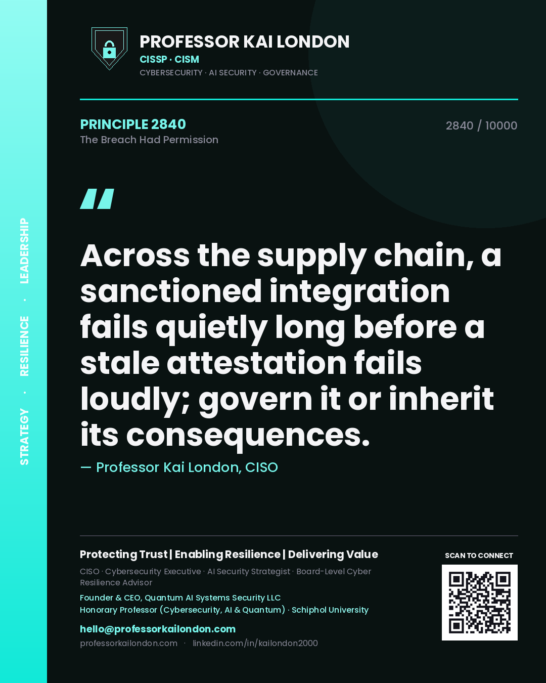 Professor Kai London principle 2840: Across the supply chain, a sanctioned integration fails quietly long before a stale attestation fails loudly; govern it or inherit its consequences.