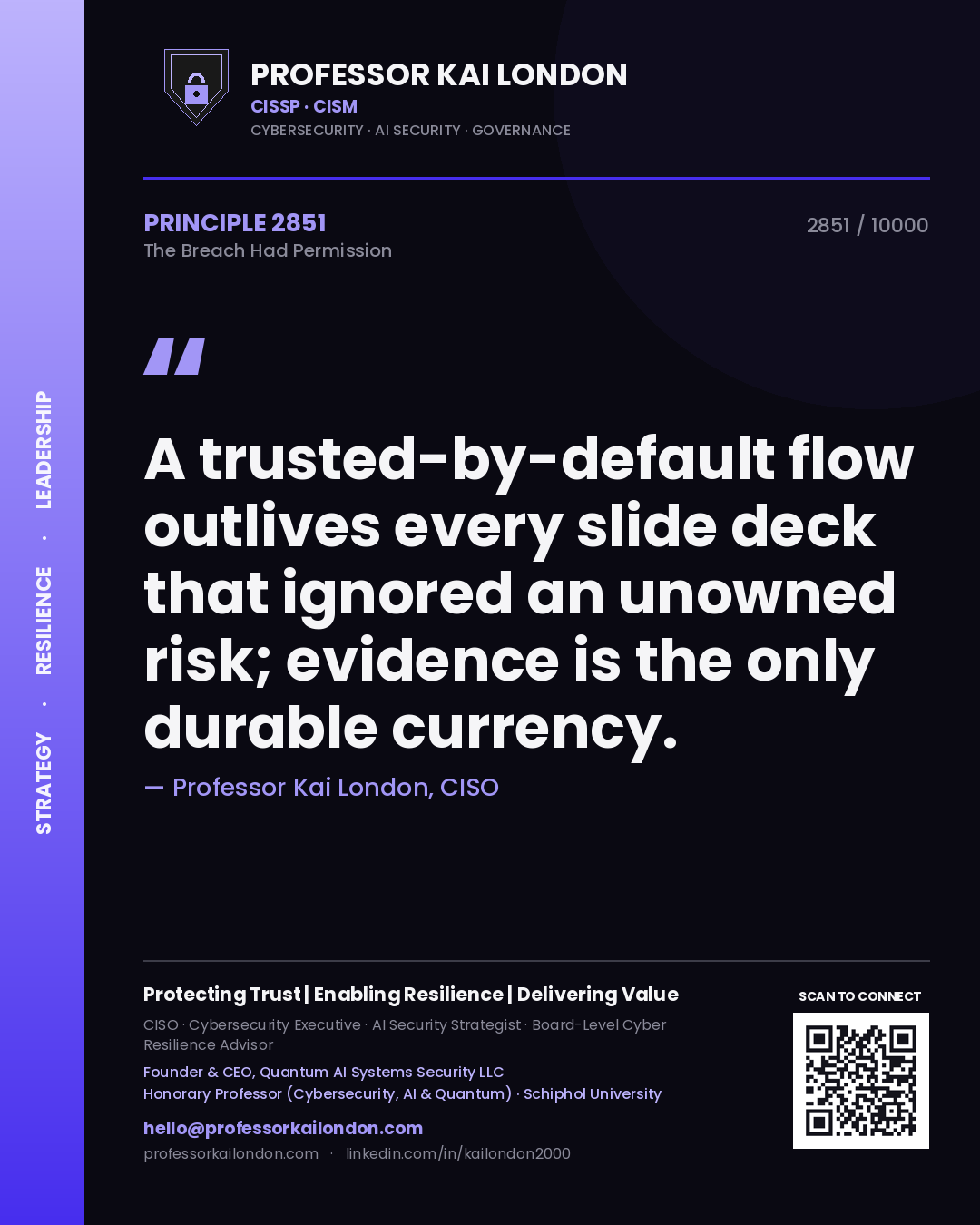 Professor Kai London principle 2851: A trusted-by-default flow outlives every slide deck that ignored an unowned risk; evidence is the only durable currency.