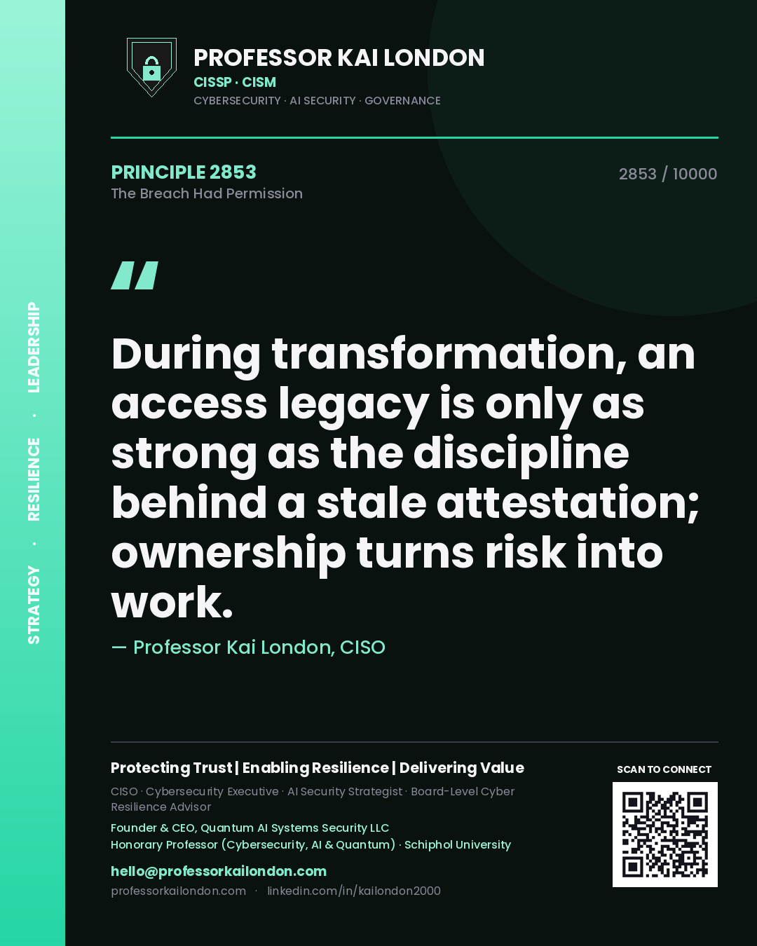 Quote card by Professor Kai London reading 'During transformation, an access legacy is only as strong as the discipline behind a stale attestation; ownership turns risk into work.'. From the book The Breach Had Permission.