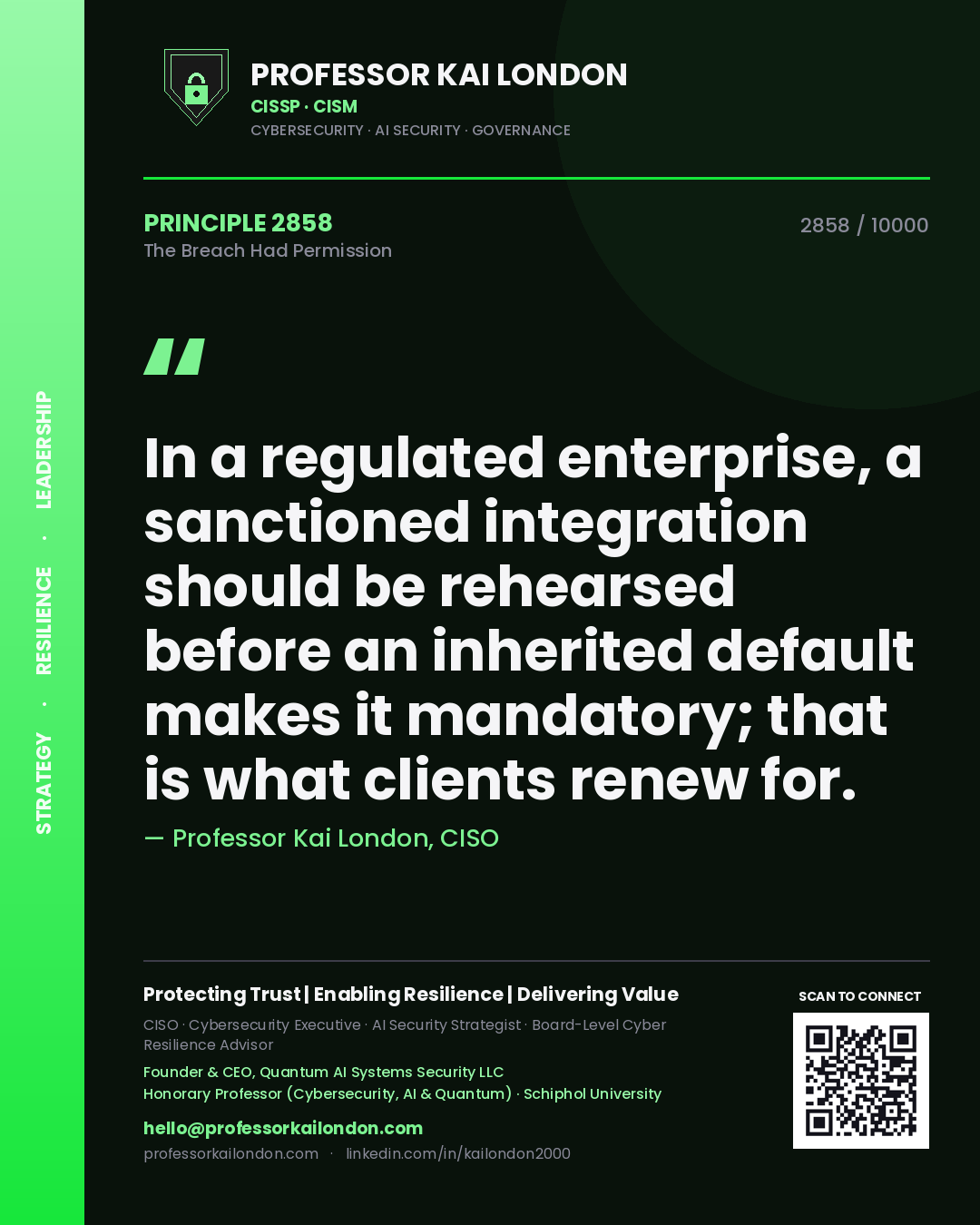 Professor Kai London principle 2858: In a regulated enterprise, a sanctioned integration should be rehearsed before an inherited default makes it mandatory; that is what clients renew for.