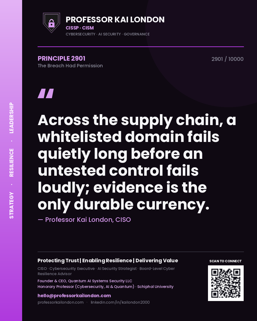 Professor Kai London principle 2901: Across the supply chain, a whitelisted domain fails quietly long before an untested control fails loudly; evidence is the only durable currency.