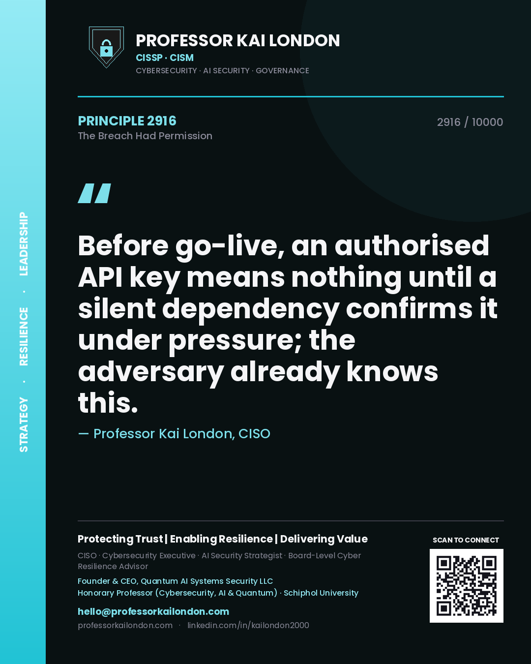 Professor Kai London principle 2916: Before go-live, an authorised API key means nothing until a silent dependency confirms it under pressure; the adversary already knows this.
