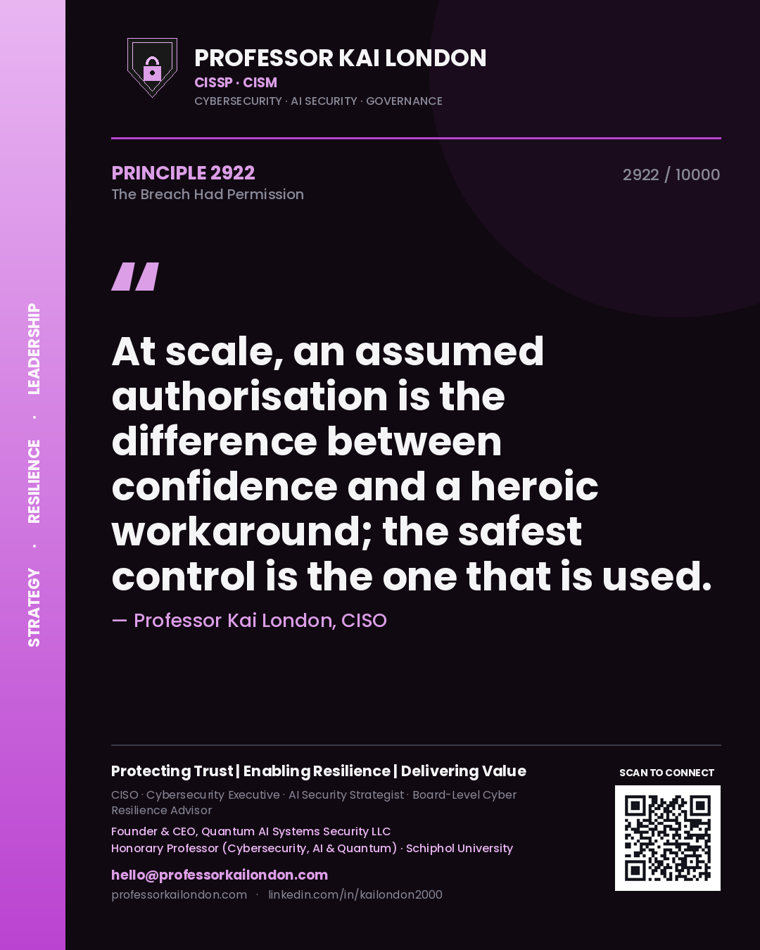 Professor Kai London principle 2922: At scale, an assumed authorisation is the difference between confidence and a heroic workaround; the safest control is the one that is used.