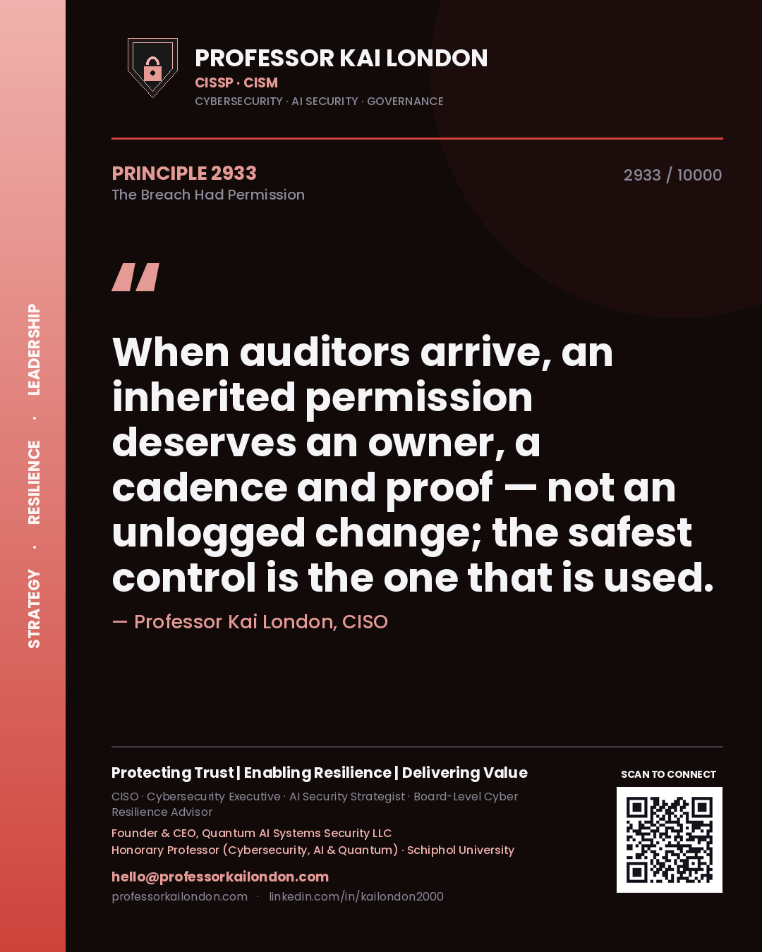 Professor Kai London principle 2933: When auditors arrive, an inherited permission deserves an owner, a cadence and proof — not an unlogged change; the safest control is the one that is used.