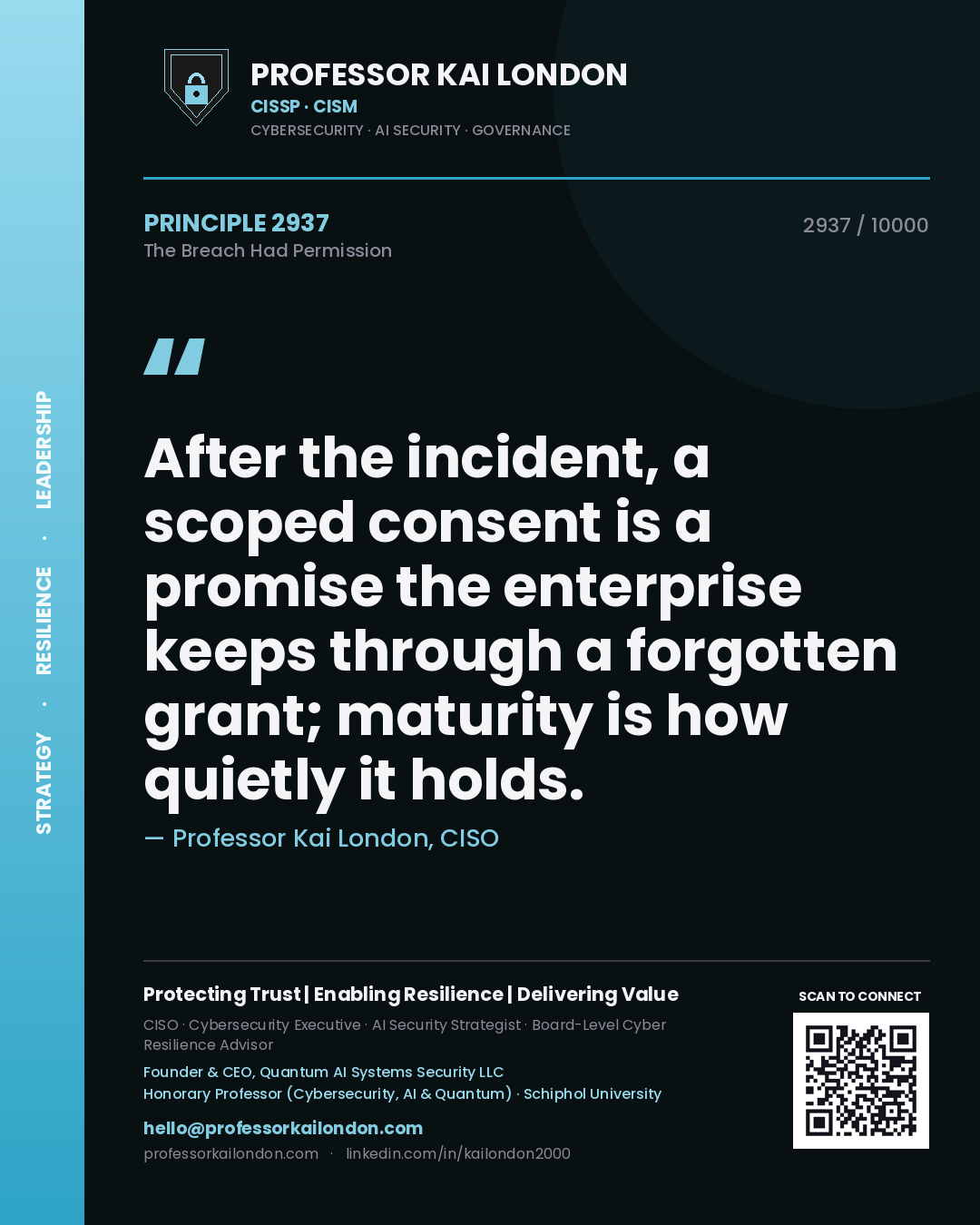 Quote card by Professor Kai London reading 'After the incident, a scoped consent is a promise the enterprise keeps through a forgotten grant; maturity is how quietly it holds.'. From the book The Breach Had Permission.